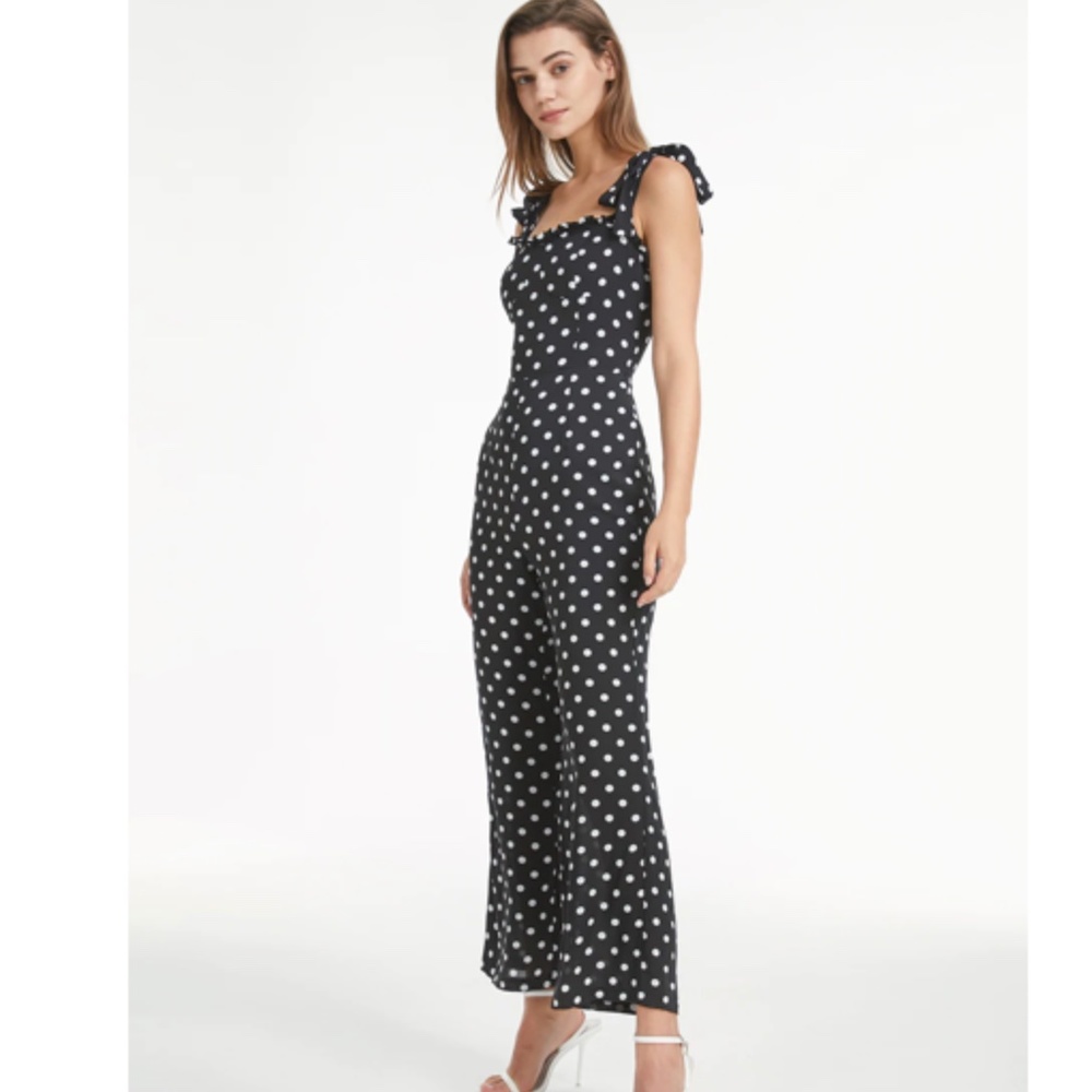 NWT, Polka Dot Tie-Shoulder Wide-Leg Jumpsuit - Black/White